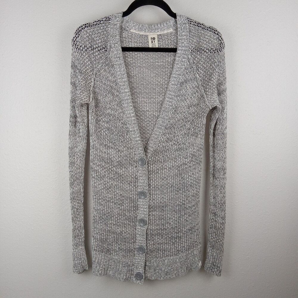 Roxy Long Cardigan Button Up Cotton Gray Oversize Comfy Women's Small